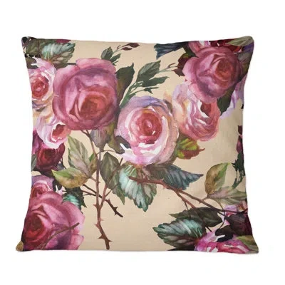 Design Art Pink Vintage Roses On Yellow - Patterned Printed Throw Pillow In Red