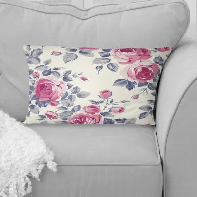 Design Art Pink White Traditional Flower Garden I - Traditional Lumbar Pillow In White;pink