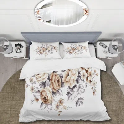 Design Art Pink Wild Roses - Traditional Duvet Cover Set - Microfiber Polyester In Orange