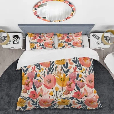 Design Art Pink Yellow Floral Fusion Gardens - Modern Duvet Cover Set In Yellow;pink