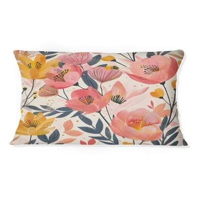 Design Art Pink Yellow Floral Fusion Gardens - Modern Lumbar Pillow In Yellow;pink