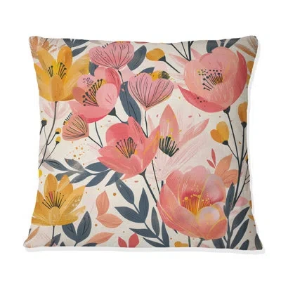 Design Art Pink Yellow Floral Fusion Gardens - Modern Throw Pillow In Yellow;pink