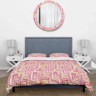 Design Art Pink Yellow Midcentury Maze - Midcentury Duvet Cover Set In Yellow;pink