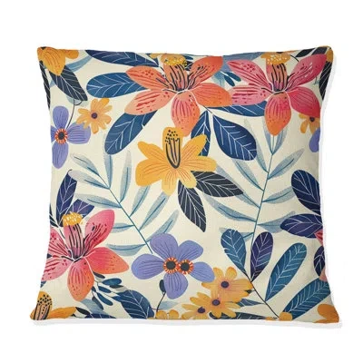 Design Art Pink Yellow Midcentury Tropical Flower Gardens - Midcentury Flowers Throw Pillow In Yellow;pink