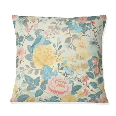 Design Art Pink Yellow Vintage Flower Paradise - Vintage Throw Pillow In Yellow;pink
