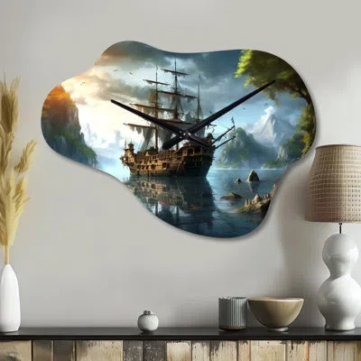 Design Art Pirate Ship At Sea - Pirate Cloud Metal Wall Clock, Modern Asymmetrical Wall Clock Print In Blue;brown