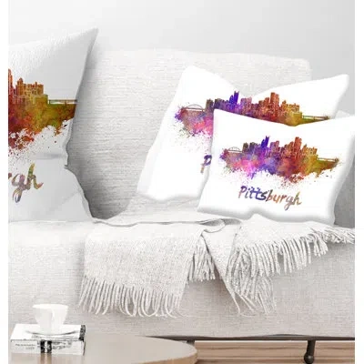 Design Art Pittsburgh Skyline - Cityscape Printed Throw Pillow In Yellow;purple
