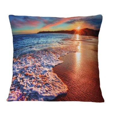 Design Art Placid Shore And Whimsical Clouds I - Nautical & Coastal Printed Throw Pillow In Blue;brown
