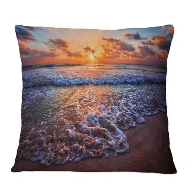 Design Art Placid Shore And Whimsical Clouds - Nautical & Coastal Printed Throw Pillow In Brown;orange