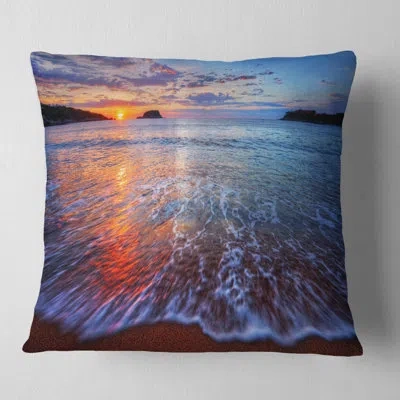 Design Art Placid Shore And Whimsical Clouds - Sea & Shore Printed Pillow In Blue