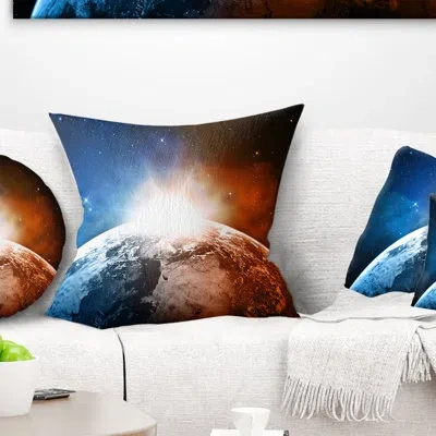 Design Art Planet With Sunrise In Space - Landscape Printed Pillow In Blue;white