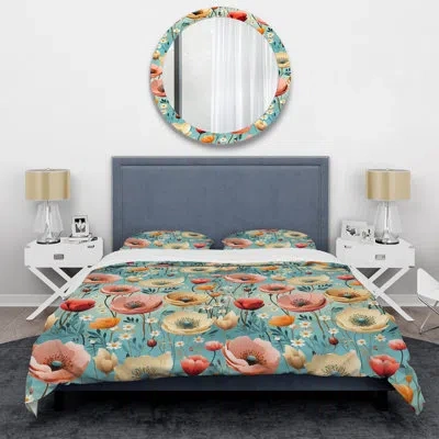 Design Art Playful Poppies Garden Floral Pattern Bedding In Blue;yellow