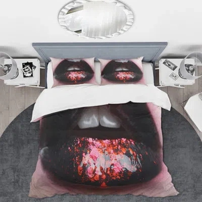 Design Art Plump Woman Lips With Black And Pink - Modern Duvet Cover Set - Microfiber Polyester In Black,pink