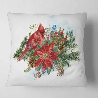 Design Art Poinsettia And Cardinal Bird Square Pillow Cover & Insert In Red