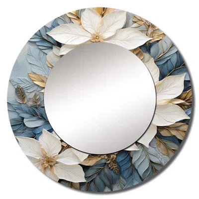 Design Art Poinsettias Crafted Delights I - Poinsettias Large Mirror, Beige Round Unique Wall Mirror Decor, Pri In Blue;beige