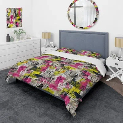 Design Art Popart Neon Pink Newspaper Collage Duvet Cover Set In Green;pink