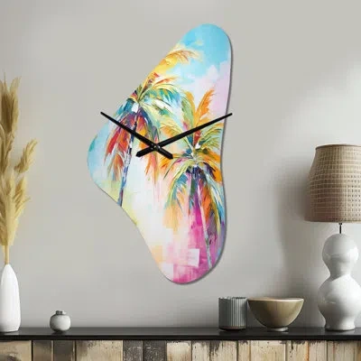 Design Art Popart Palm Trees Iii - Palm Trees Asymmetrical Metal Clocks, Traditional Unique Shape Metal Wall Cl In Multi-color
