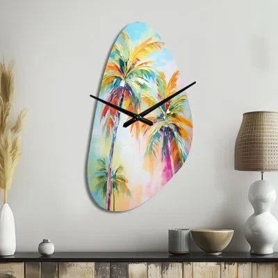 Design Art Popart Palm Trees Iii - Palm Trees Unique Shape Metal Wall Clock, Traditional Asymmetrical Wall Cloc In Multi-color