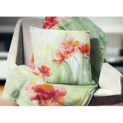 Design Art Poppies In Light Green - Floral Printed Throw Pillow In Green;pink