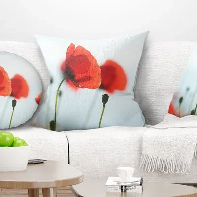 Design Art Poppies On Background Of Sea - Floral Printed Pillow In Red