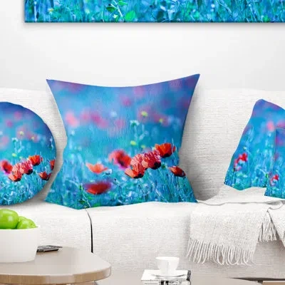 Design Art Poppy Flowers Field At Night - Floral Printed Pillow In Blue