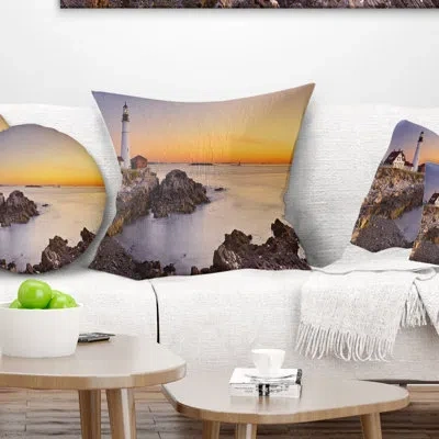 Design Art Portland Head Lighthouse Maine - Sea & Shore Printed Pillow In Blue;black;brown;green;red;yellow