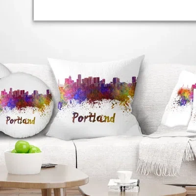 Design Art Portland Skyline - Cityscape Printed Pillow In Yellow;purple