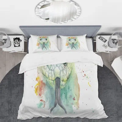 Design Art Portrait A Snake In Flowers - Farmhouse Duvet Cover Set - Microfiber Polyester In Green;orange