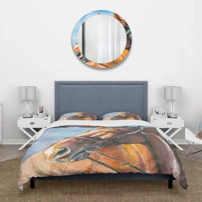 Design Art Portrait Of A Brown Horse - Farmhouse Duvet Cover Set - Microfiber Polyester In Brown,blue;brown,blue