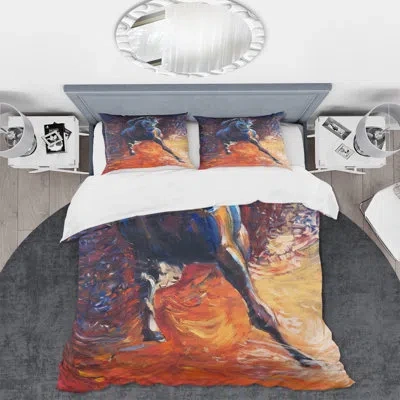 Design Art Portrait Of A Galloping Blue - Farmhouse Duvet Cover Set - Microfiber Polyester In Orange,blue,yellow