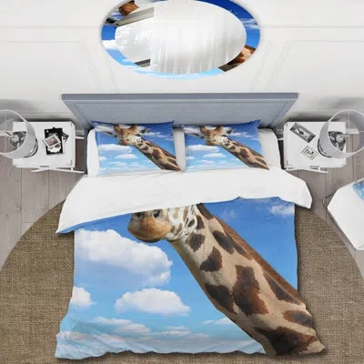 Design Art Portrait Of A Giraffe On A Blue Sky - Farmhouse Duvet Cover Set - Microfiber Polyester In Blue,brown