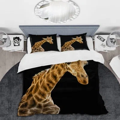 Design Art Portrait Of A Giraffe Vi - Farmhouse Duvet Cover Set - Microfiber Polyester In Brown,gold