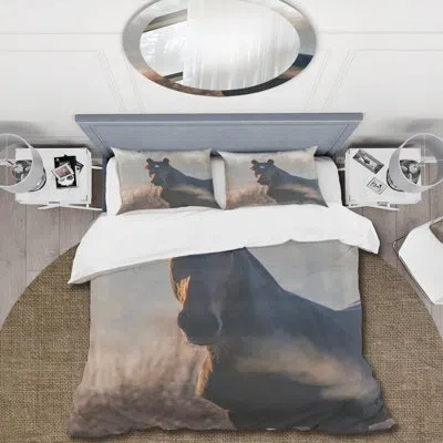 Design Art Portrait Of A Horse On An Autumn Morning - Farmhouse Duvet Cover Set - Microfiber Polyester In Brown,gray