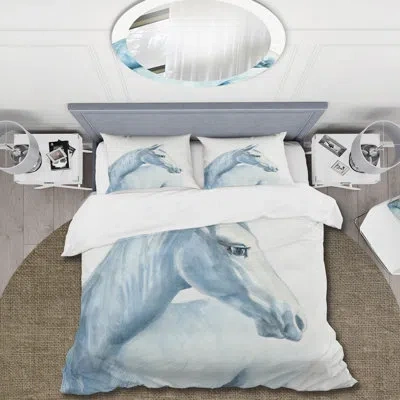 Design Art Portrait Of A Light Blue Horse - Farmhouse Duvet Cover Set - Microfiber Polyester