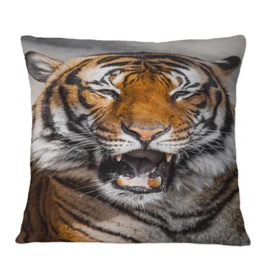 Design Art Portrait Of A Tigers Face I - Traditional Printed Throw Pillow In Brown