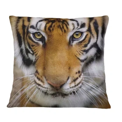 Design Art Portrait Of A Tigers Face - Traditional Printed Throw Pillow In Brown