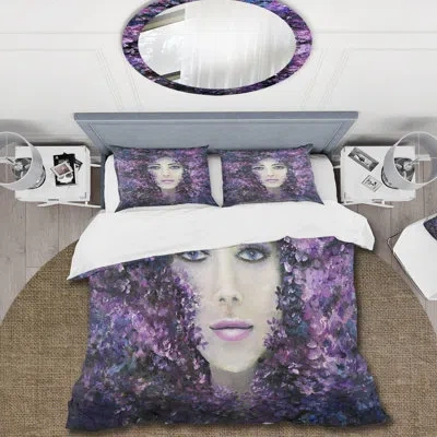 Design Art Portrait Of A Woman With Purple Lavender Flowers - Modern Duvet Cover Set - Microfiber Polyester