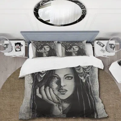 Design Art Portrait Of A Young Lady With Flowers Iii - Modern Duvet Cover Set - Microfiber Polyester In Gray