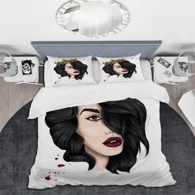 Design Art Portrait Of A Young Woman With Crown I - Modern Duvet Cover Set - Microfiber Polyester In Black,gold