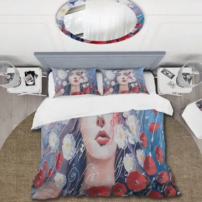 Design Art Portrait Of A Young Woman With Red & White Flowers - Traditional Polyester Duvet Cover Set In White,red,blue