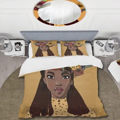 Design Art Portrait Of African American Woman, Flower Wreath - Modern Duvet Cover Set - Microfiber Polyester In Brown;orange