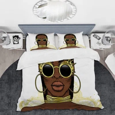 Design Art Portrait Of African American Woman, Ornaments Ii - Modern Duvet Cover Set - Microfiber Polyester In Black;gold