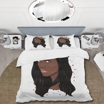 Design Art Portrait Of African American Woman With Crown - Modern Duvet Cover Set - Microfiber Polyester In Black,brown