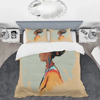 Design Art Portrait Of Afro American Woman With Turban Ii - Modern Duvet Cover Set - Microfiber Polyester In Beige,orange,brown