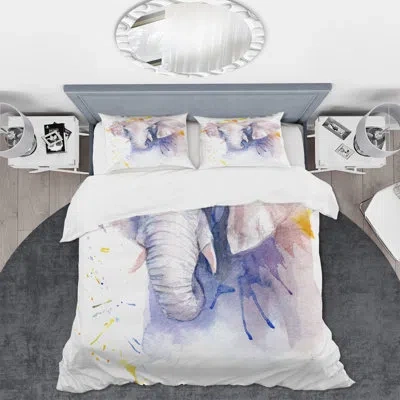 Design Art Portrait Of An Elephant In Flowers - Farmhouse Duvet Cover Set - Microfiber Polyester In Gray,purple