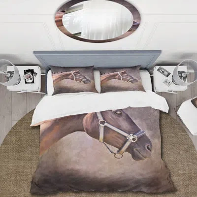 Design Art Portrait Of Brown Horse - Farmhouse Duvet Cover Set - Microfiber Polyester