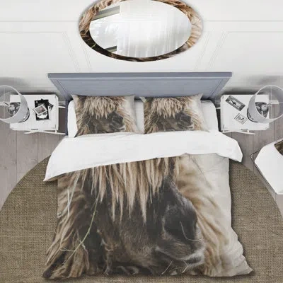 Design Art Portrait Of Fluffy Curly Alpaca - Farmhouse Duvet Cover Set - Microfiber Polyester In Brown