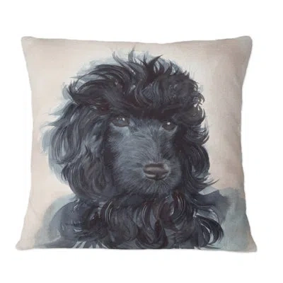 Design Art Portrait Of The Black Poodle Puppy With Curly Coat - Traditional Printed Throw Pillow