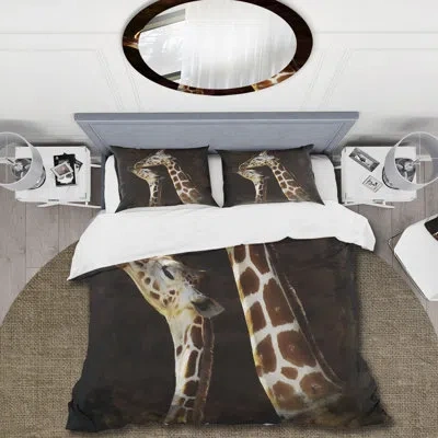 Design Art Portrait Of Two Giraffes Kissing I - Farmhouse Duvet Cover Set - Microfiber Polyester In Brown