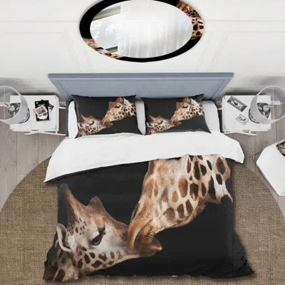 Design Art Portrait Of Two Giraffes Kissing Ii - Farmhouse Duvet Cover Set - Microfiber Polyester In Brown